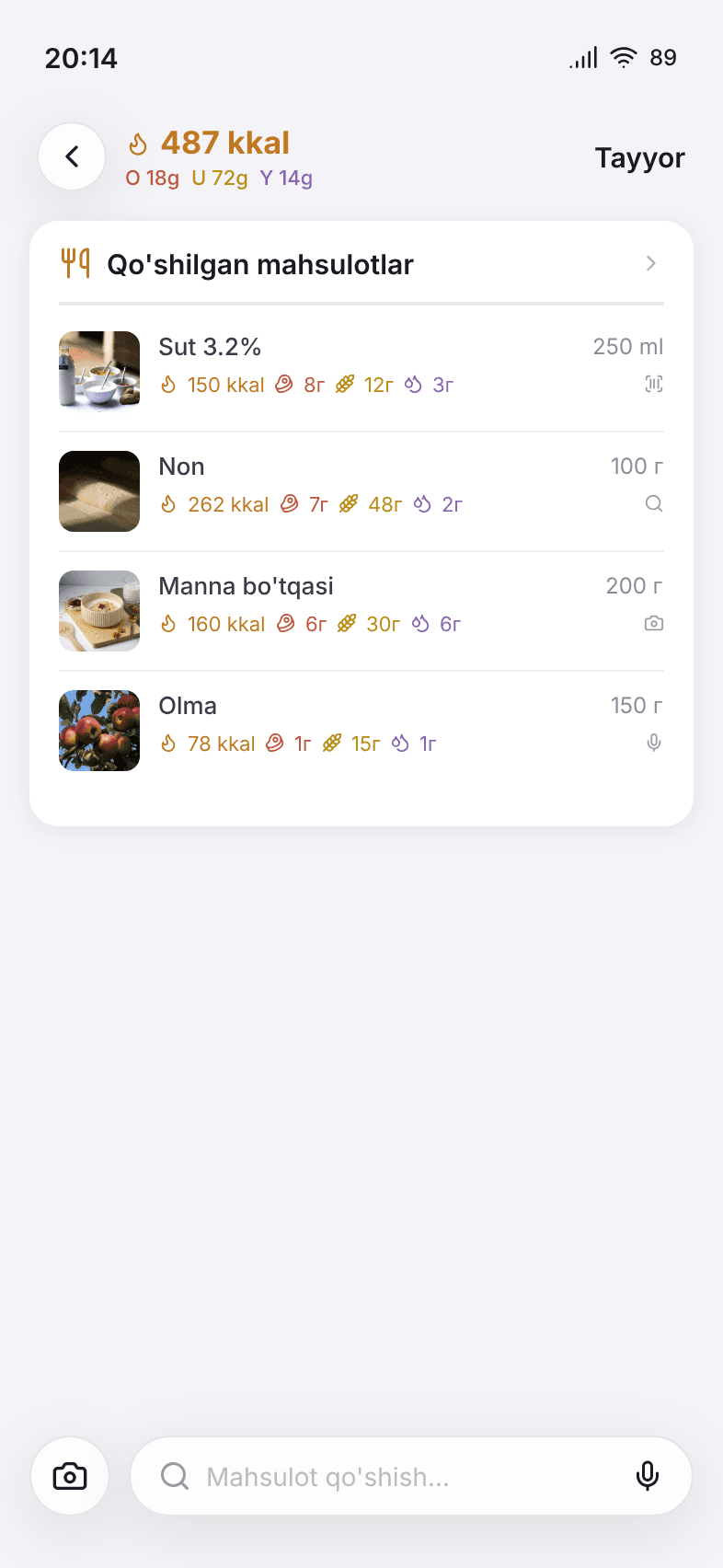 Ovqat chatbot ekrani