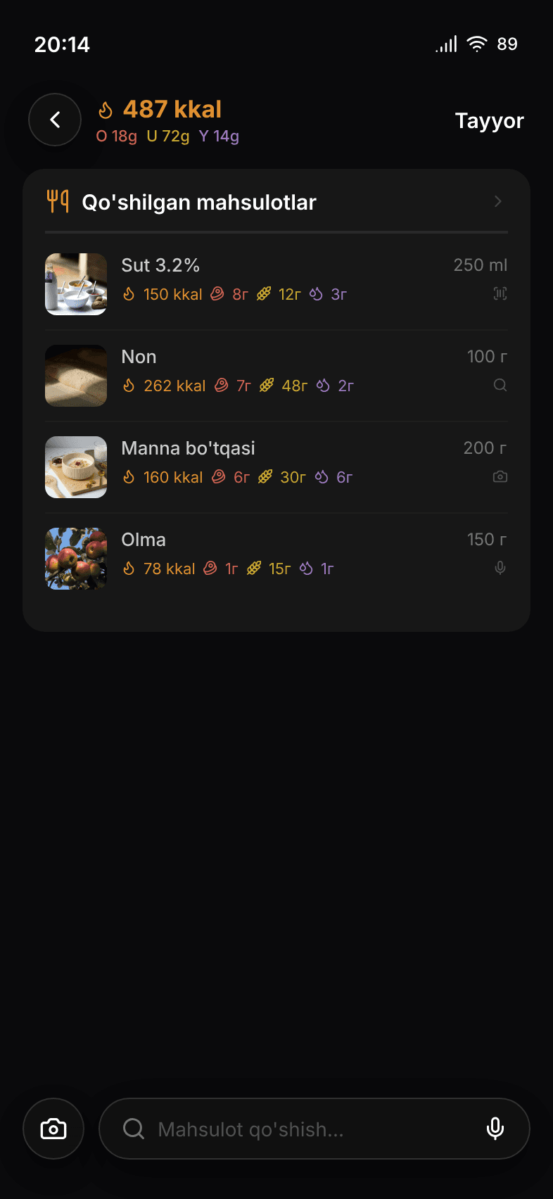Ovqat chatbot ekrani